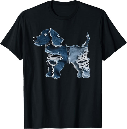 Retro Funny Denim Patch Animal Dog T-Shirt