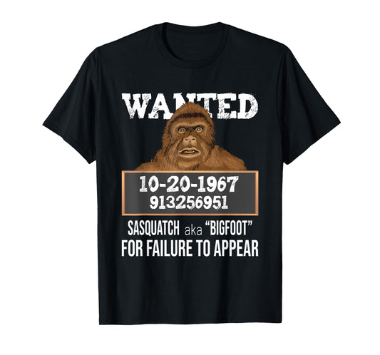 Nerdy Sasquatch Gifts Wanted Sasquatch aka Bigfoot - Funny Sasquatch T-Shirt, Black, Small