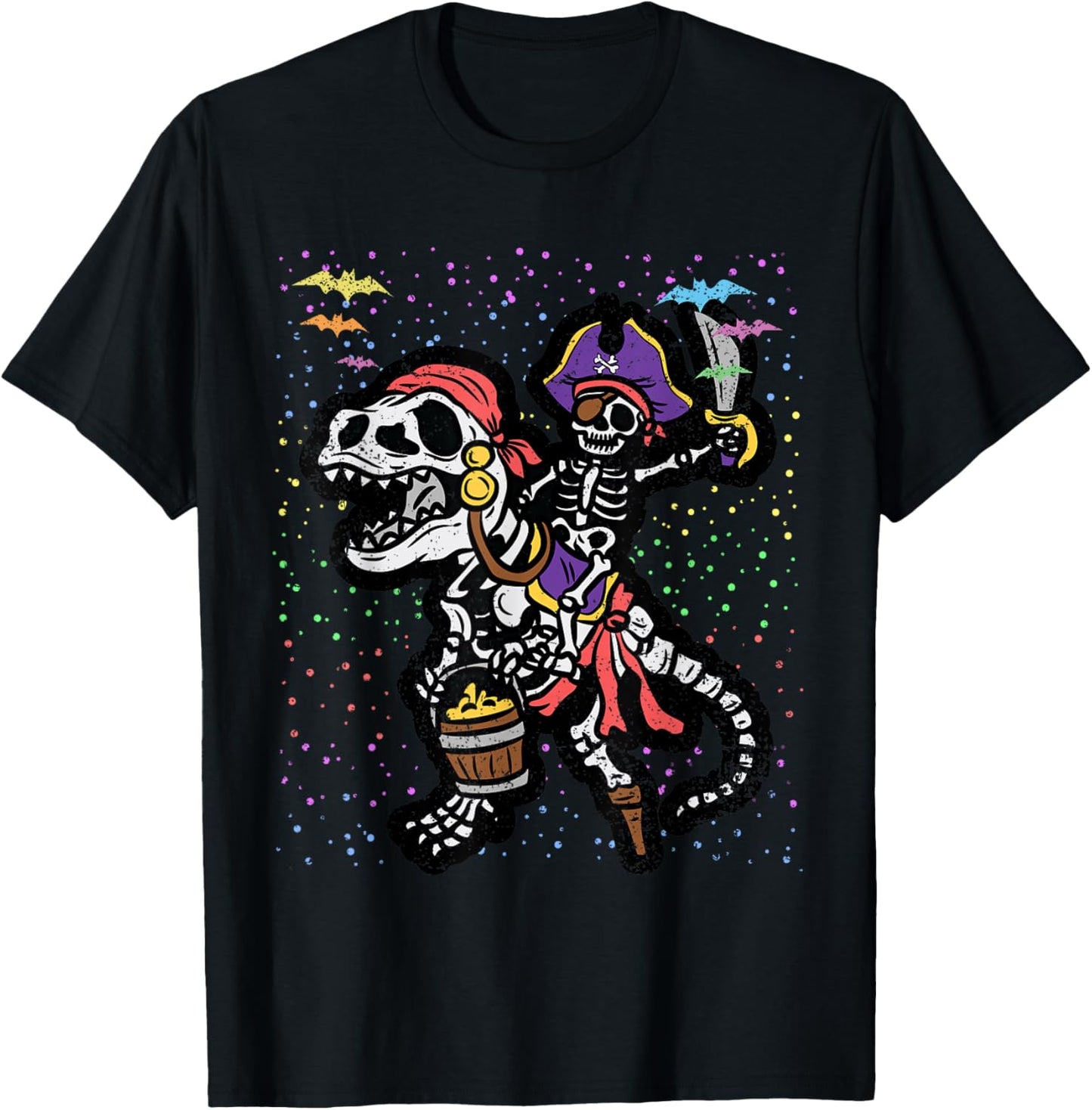 Skeleton Pirate Riding T-Rex Halloween Costume Dinosaur Boys T-Shirt