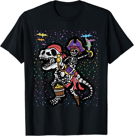 Skeleton Pirate Riding T-Rex Halloween Costume Dinosaur Boys T-Shirt