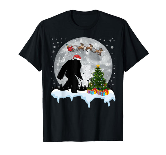 Christmas Bigfoot Santa Tree Sleigh Moon Reindeer Snow T-Shirt