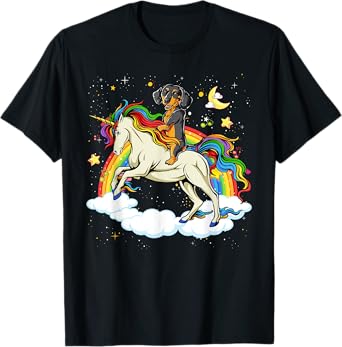 Funny Dachshund Dog Riding Unicorn & Rainbow Boys Kids Girls T-Shirt