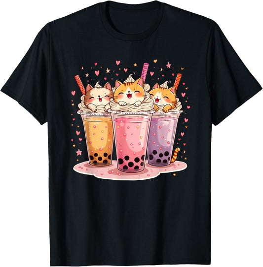 Funny Cat Boba Tea Cute Cat Anime With Bubble Tea Lover T-Shirt
