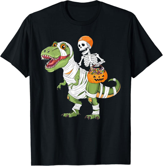 Funny Halloween Skeleton Riding Mummy Dinosaur Boys Kids T-Shirt