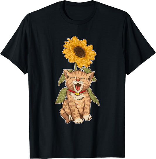 Cat Animal Kitten Yellow Flower Sunflower Pet Kitty Cat T-Shirt