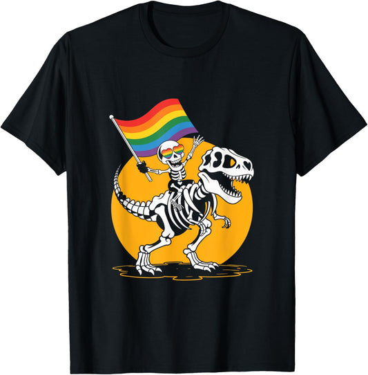 Skeleton Riding Dinosaur T Rex Halloween Trick or Roar T-Shirt