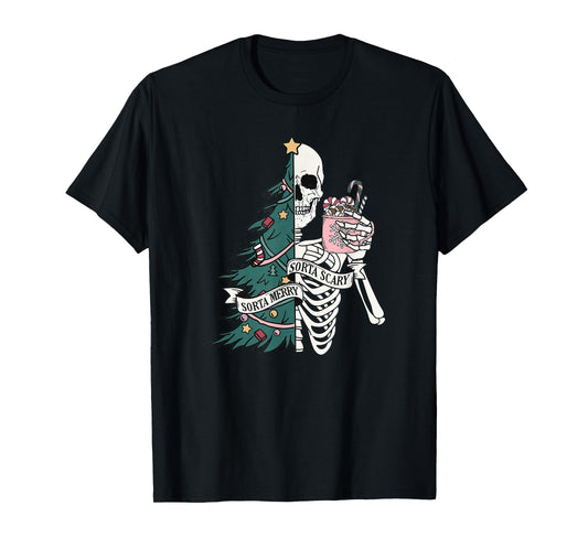 Funny Christmas Sorta Merry Sorta Scary Skeleton Xmas Tree T-Shirt