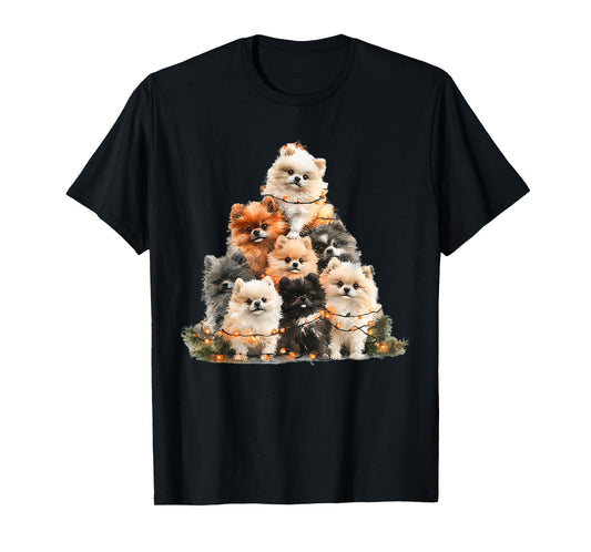 Pomeranian Christmas Tree Light Pajama Dog Lover Xmas T-Shirt for Men Women