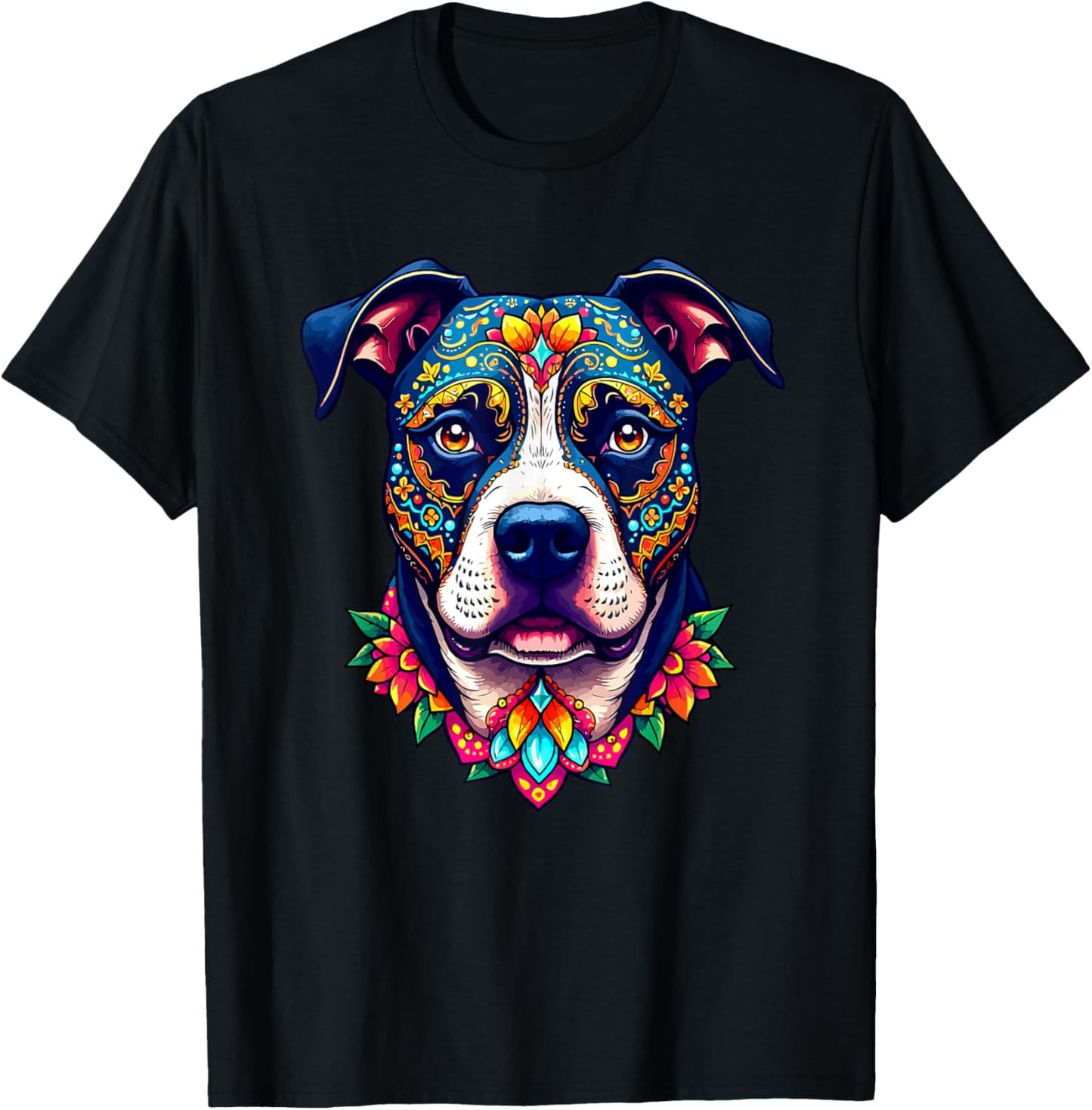 Mexican Sugar Skull Pitbull Dog Dia de Muertos Halloween Day T-Shirt