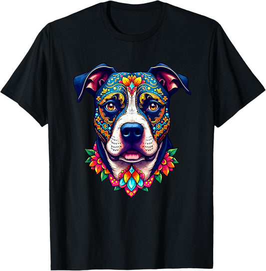 Mexican Sugar Skull Pitbull Dog Dia de Muertos Halloween Day T-Shirt