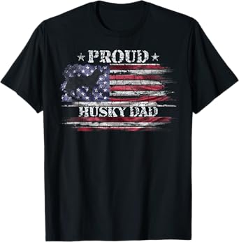 Vintage American Flag Proud Siberian Husky Dad Silhouette Women Kids Men T-Shirt