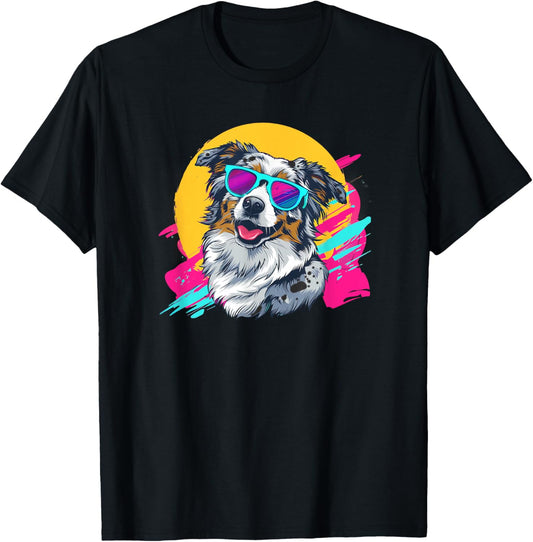 Funny Retro Vintage 80s Blue Merle Australian Shepherd Lover T-Shirt