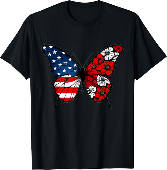 Butterfly Red White Blue Patriotic USA Flag 4th Of July T-Shirt