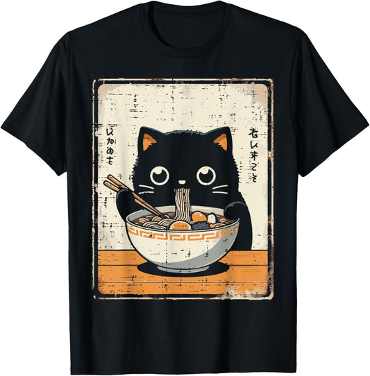 Japanese Black Cat Ramen Kawaii Noodles Art Women Girls Kids T-Shirt