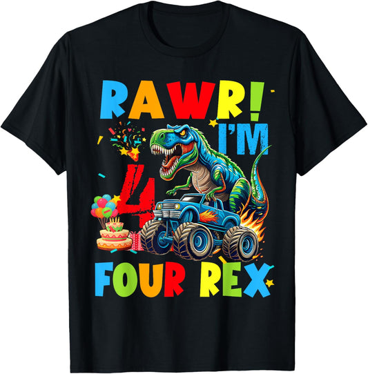 Monster Truck Boy Dinosaur 4th Birthday Party Monster Truck T-Shirt