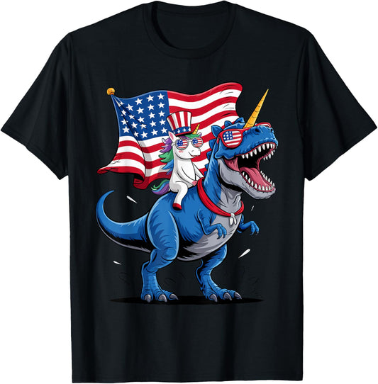 Patriotic 4th Of July Unicorn Riding Dinosaur American Flag T-Shirt