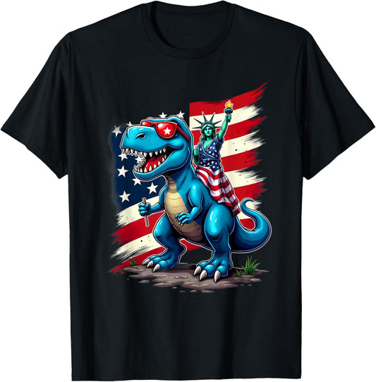 Patriotic American Flag Lady Liberty Riding T-Rex T-Shirt
