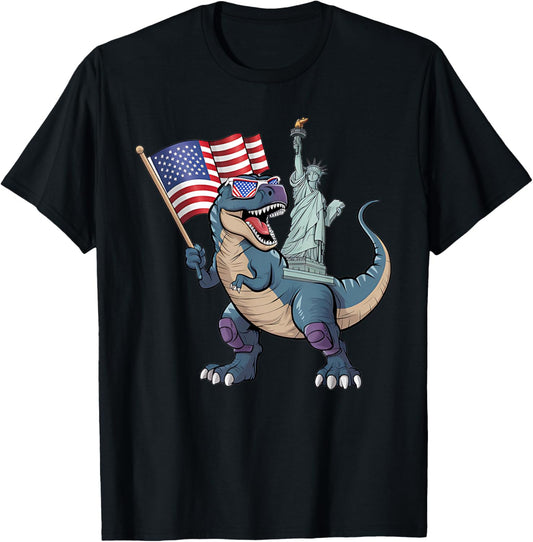 Dino Statue Of Liberty 4th Of July Funny Boys American Flag T-Shirt