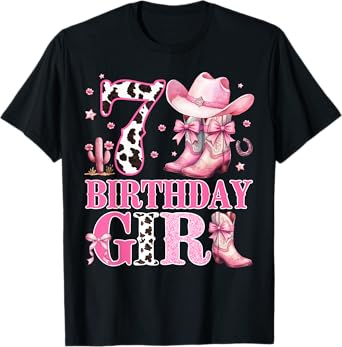 Kids 7th Birthday Girl Rodeo Western Cowgirl Birthday Party T-Shirt