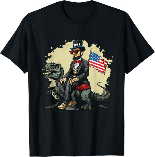 Fourth Of July USA American Flag Abraham Lincoln Dinosaur T-Shirt for Women Kids Men