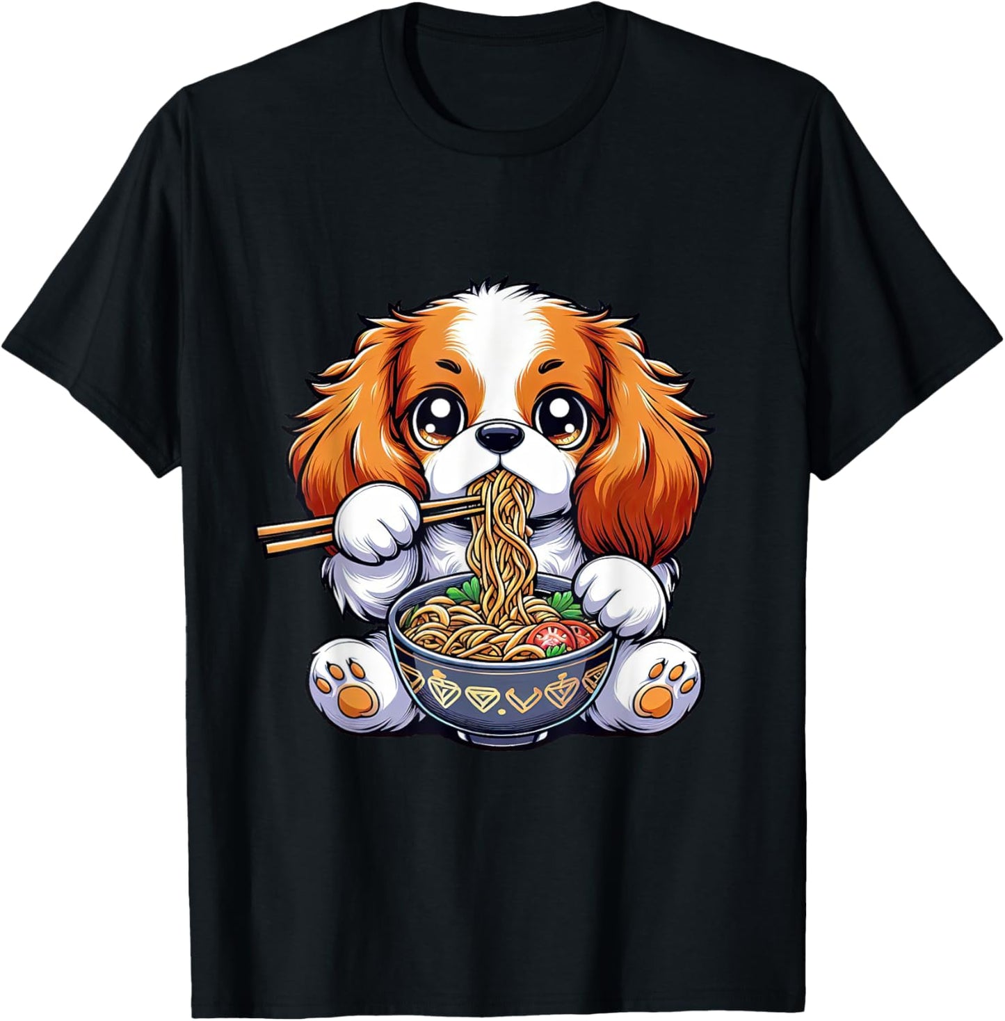 Dog Eating Ramen Noodles Cavalier King Charles Spaniel Anime T-Shirt