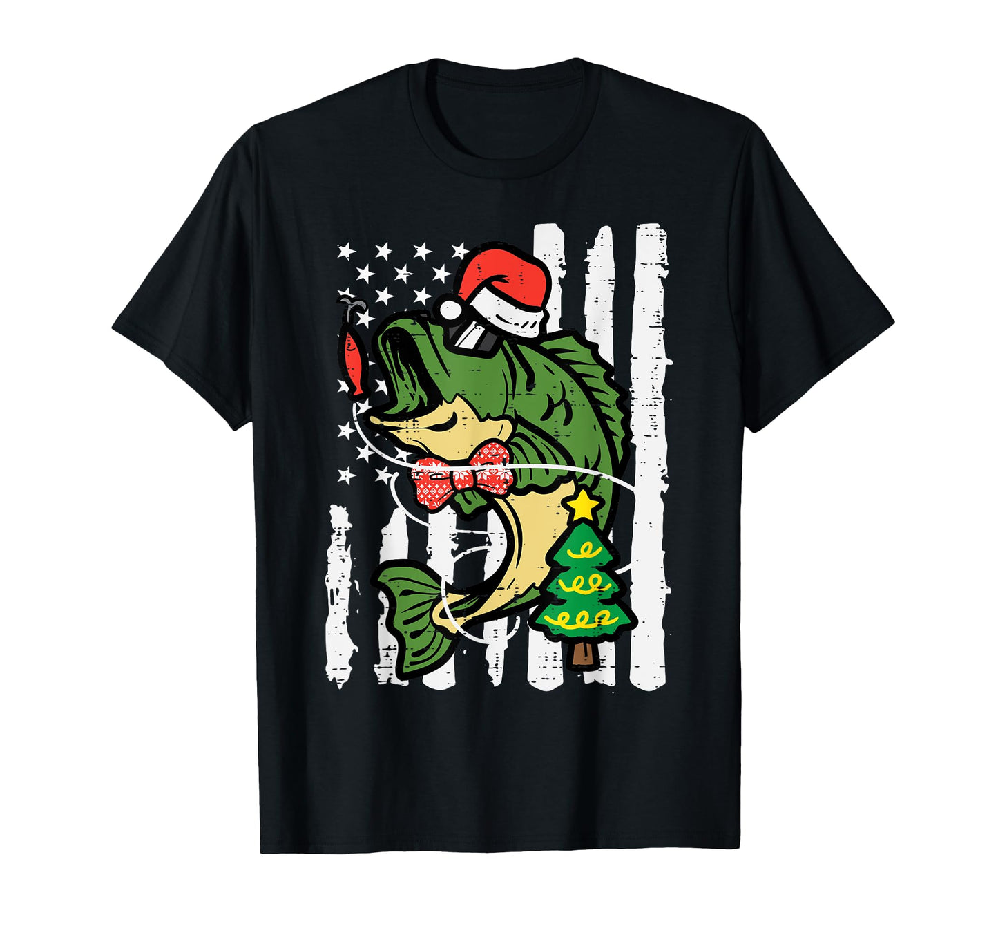 Christmas Bass Fish US Flag Xmas Patriot Men Boys Kids Women T-Shirt
