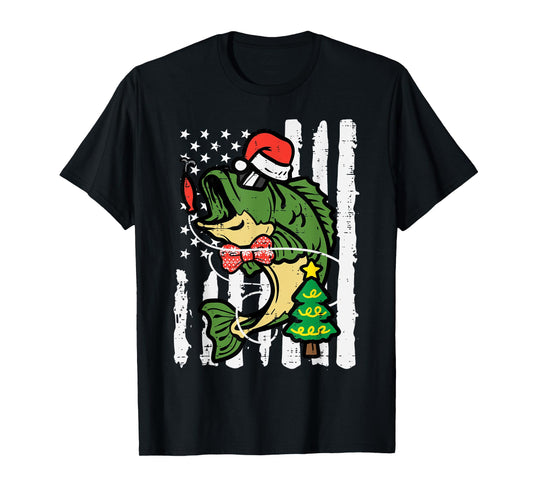 Christmas Bass Fish US Flag Xmas Patriot Men Boys Kids Women T-Shirt