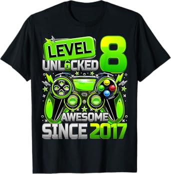 Level 8 Unlocked Awesome Since 2017 8th Birthday Gaming Kids T-Shirt