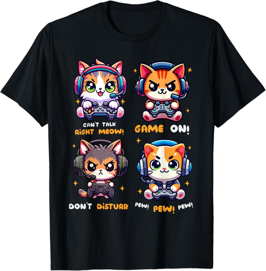 Gamer Cat Funny Gaming Video Games Pew Boys Girls Kids Teens T-Shirt