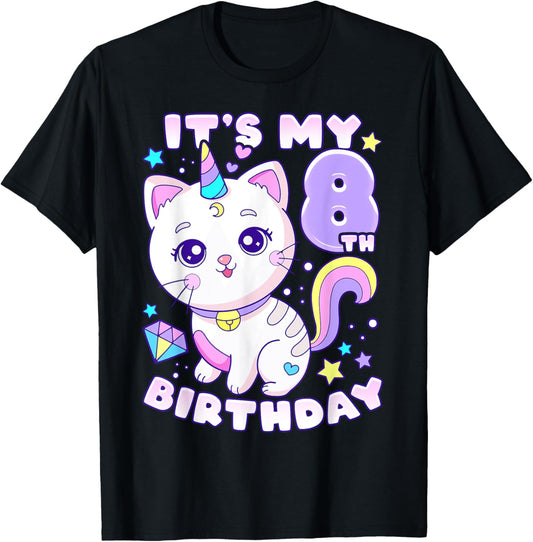 Birthday girl 8 years old, cat, unicorn, 8th birthday T-Shirt