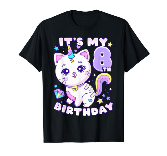 Birthday girl 8 years old, cat, unicorn, 8th birthday T-Shirt