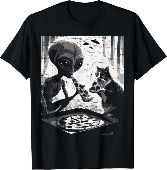 Alien And Cat Eating Pizza Funny Snack Food Men Women Kids T-Shirt