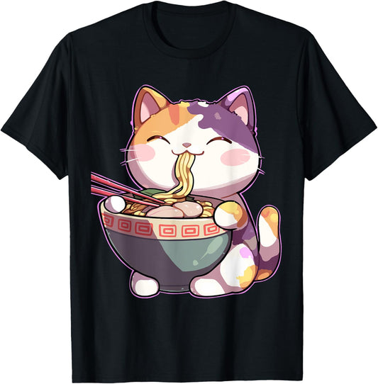 Cute Cat Eating Ramen Kawaii Anime T-Shirt