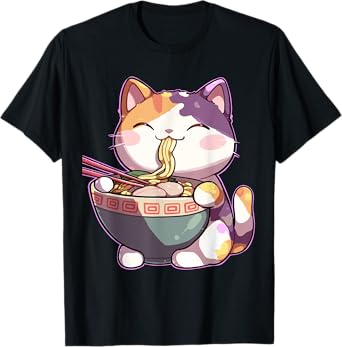 Cute Cat Eating Ramen Kawaii Anime T-Shirt