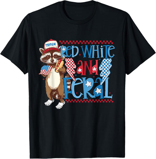 Red White And Feral Hot Dog Raccoon 4th Of July Trash Panda T-Shirt