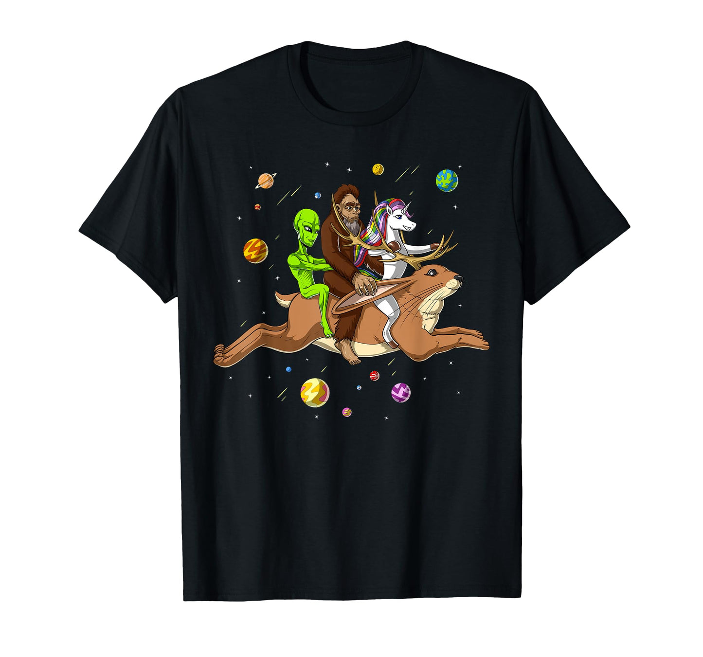 Space Alien Bigfoot Unicorn Riding Jackalope Cryptozoology T-Shirt