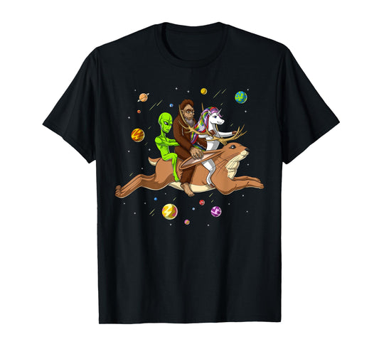 Space Alien Bigfoot Unicorn Riding Jackalope Cryptozoology T-Shirt