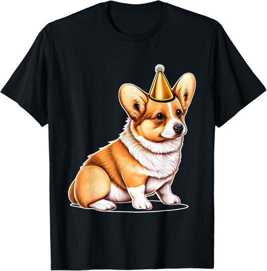 Adorable Corgi With Party Hat Birthday T-Shirt
