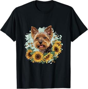 Yorkshire Terrier Yorkie Dog Breed Pet Designs Unisex Classic Fit Modern Sunflower Graphic T-Shirt - Black, Small