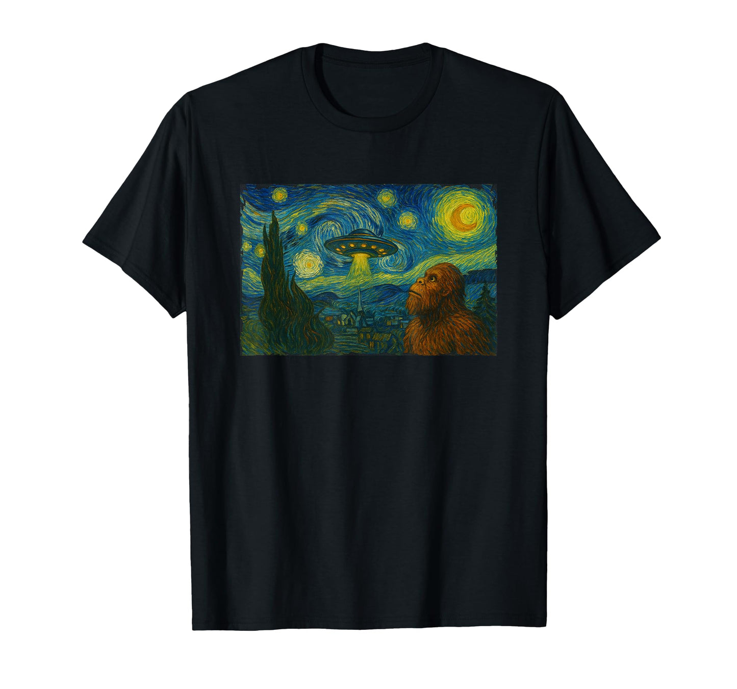 Starry Night UFO Bigfoot Funny Sci-Fi Van Gogh Painting T-Shirt