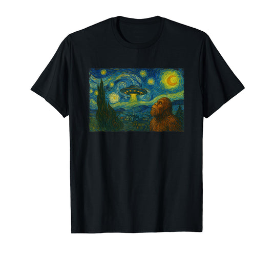 Starry Night UFO Bigfoot Funny Sci-Fi Van Gogh Painting T-Shirt