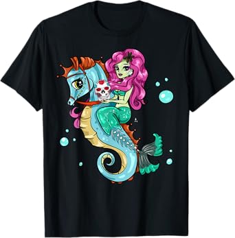 Halloween Skeleton Mermaid T-Shirt Sugar Skull Sea Horse T-Shirt