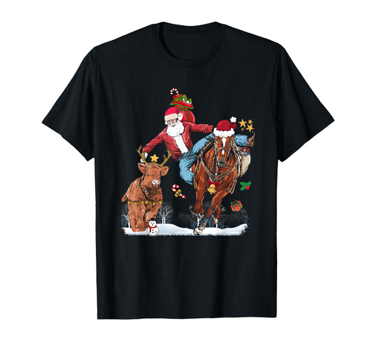 Cowboy Santa Bulldogging Western Cowboy Xmas Funny Christmas T-Shirt
