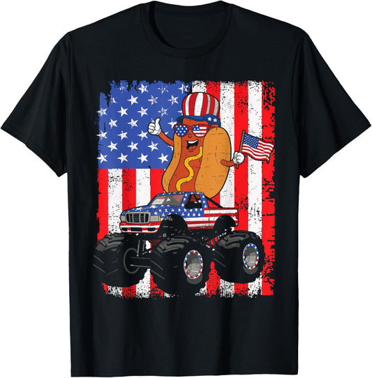 Funny 4th of July Hotdog Monster truck Patriotic USA Flag T-Shirt