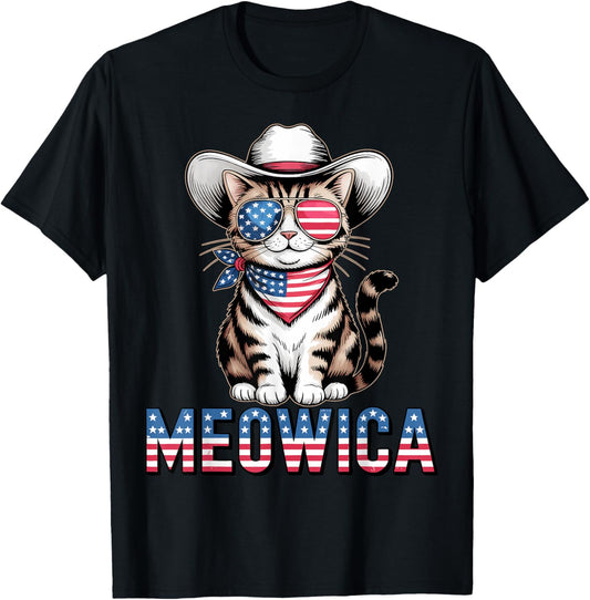 Meowica Cool Patriotic Cat USA Flag Funny Tee Men Women T-Shirt