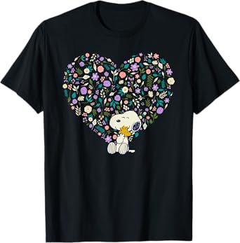 Peanuts Snoopy & Woodstock Hug Floral Heart T-Shirt