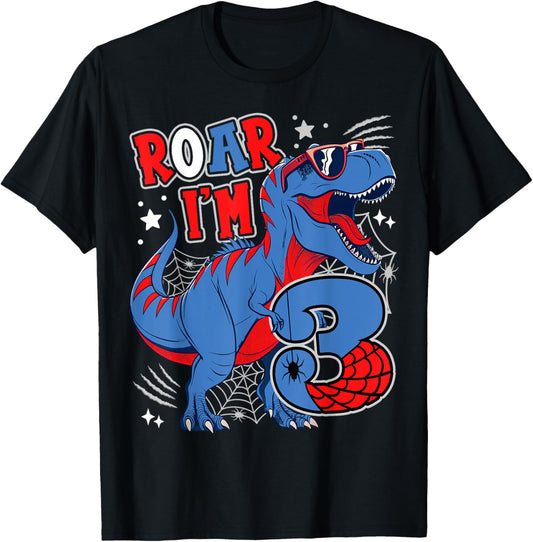 Dinosaur 3rd Birthday Spider Theme Party 3 Years Old Boy T-Shirt