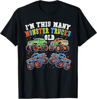 4th Birthday 4 Years Old - I'm This Many Monster Trucks Old T-Shirt