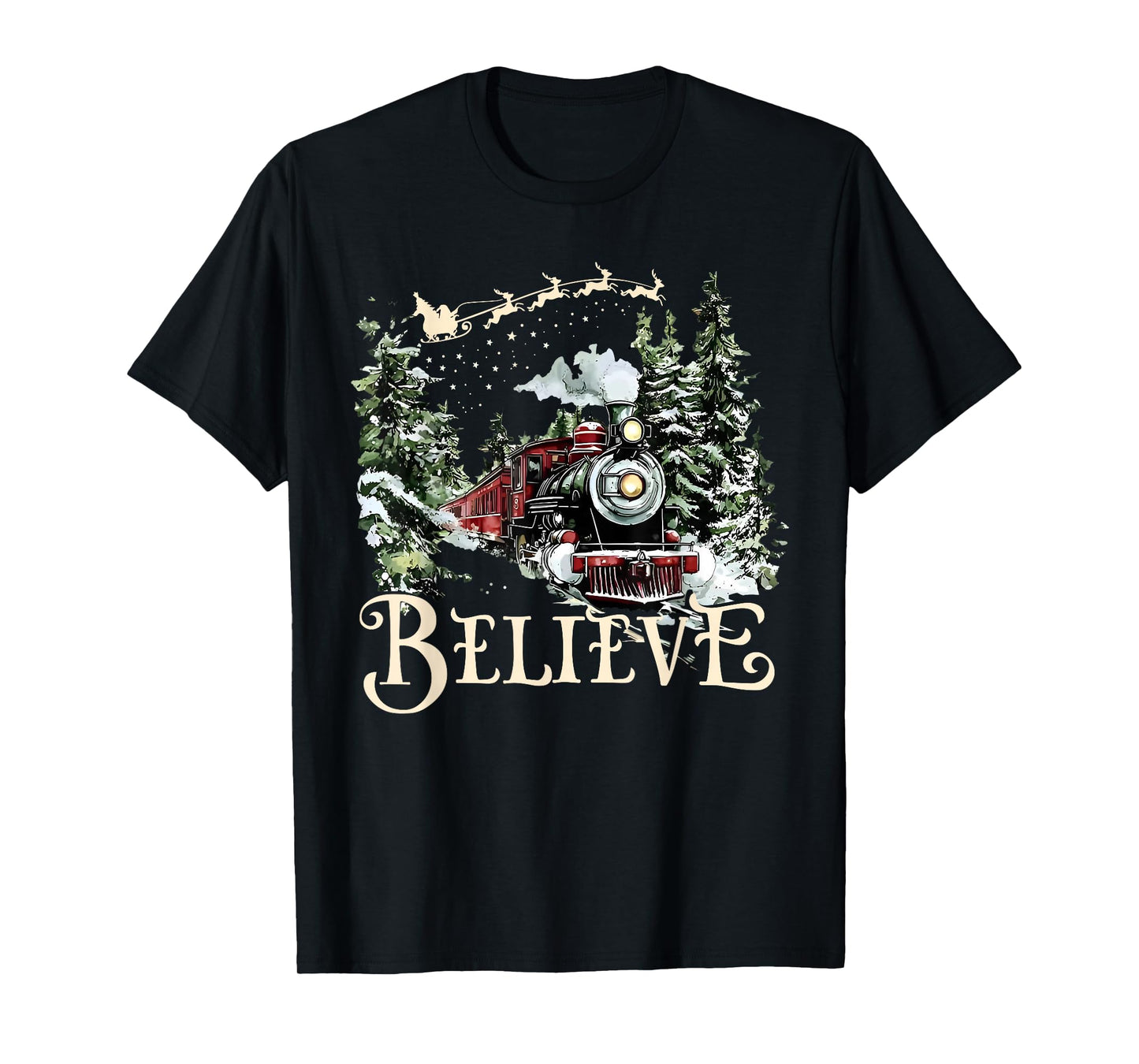 Believe Christmas Trains Xmas Santa Family Pajamas Holiday T-Shirt