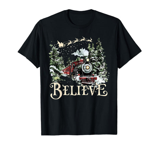 Believe Christmas Trains Xmas Santa Family Pajamas Holiday T-Shirt